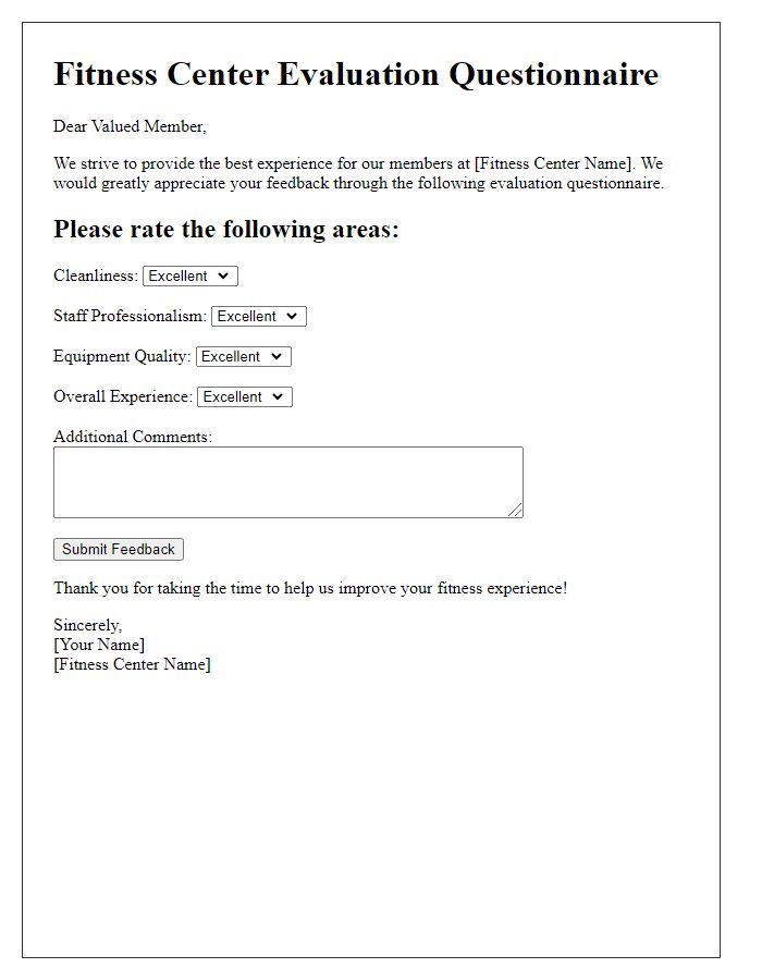 Letter template of fitness center evaluation questionnaire