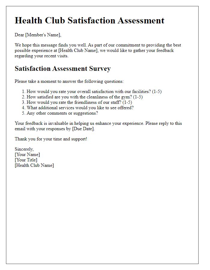 Letter template of health club satisfaction assessment