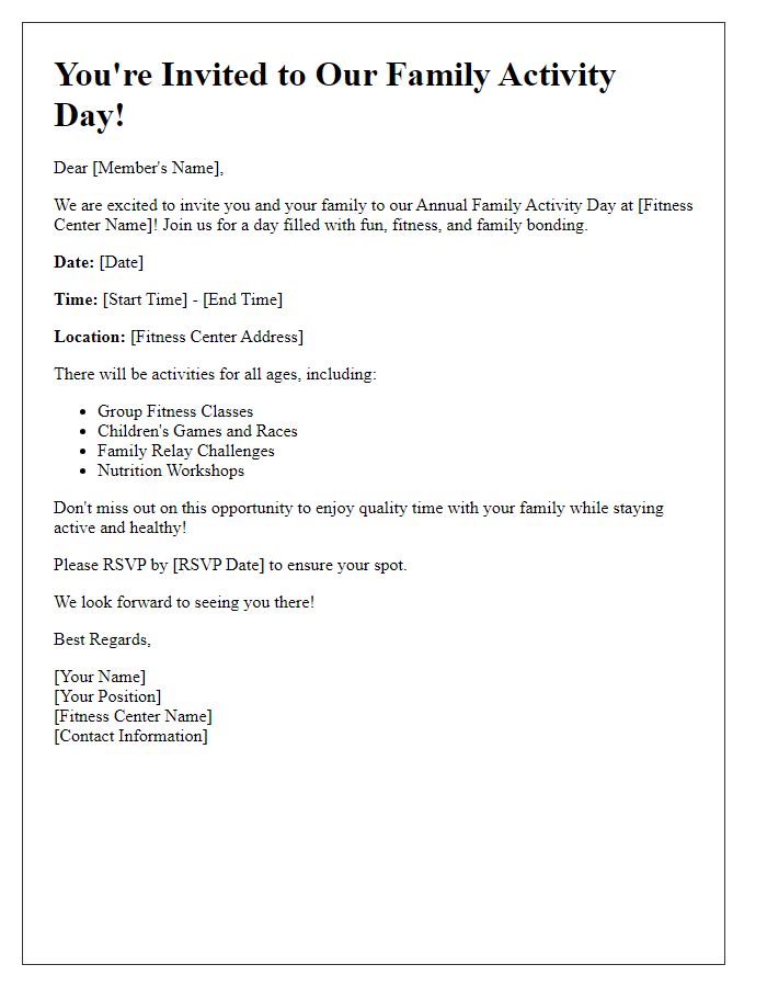 Letter template of fitness center family activity day invitation.