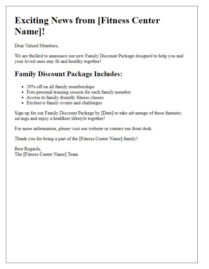 Letter template of fitness center family discount package announcement.