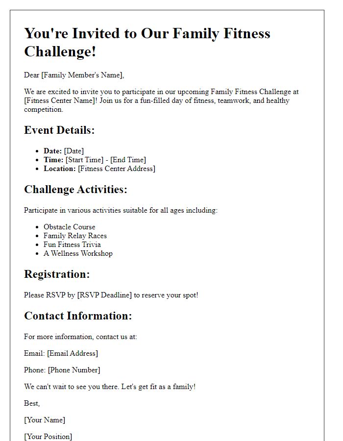 Letter template of fitness center family fitness challenge invitation.