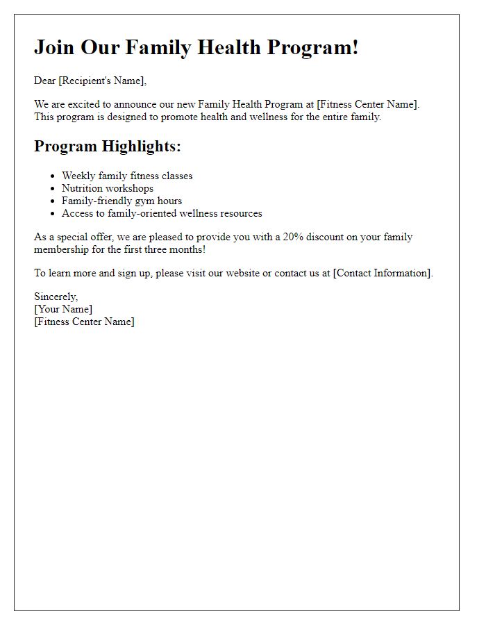 Letter template of fitness center family health program offer.