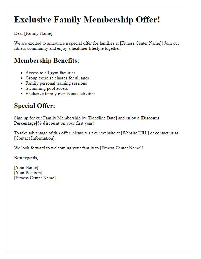 Letter template of fitness center family membership offer.