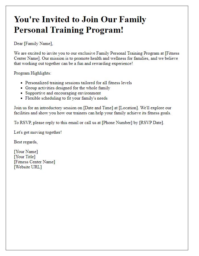 Letter template of fitness center family personal training invitation.