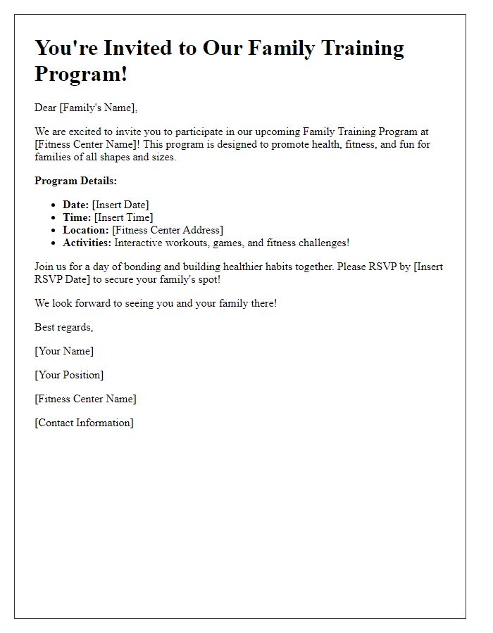 Letter template of fitness center family training program invitation.