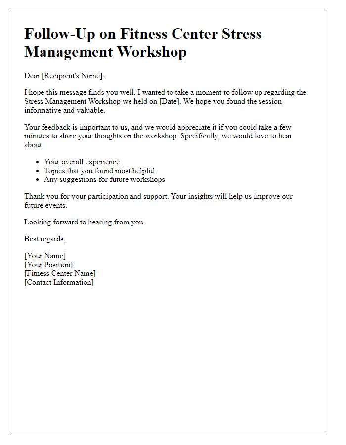 Letter template of follow-up for feedback on fitness center stress management workshop