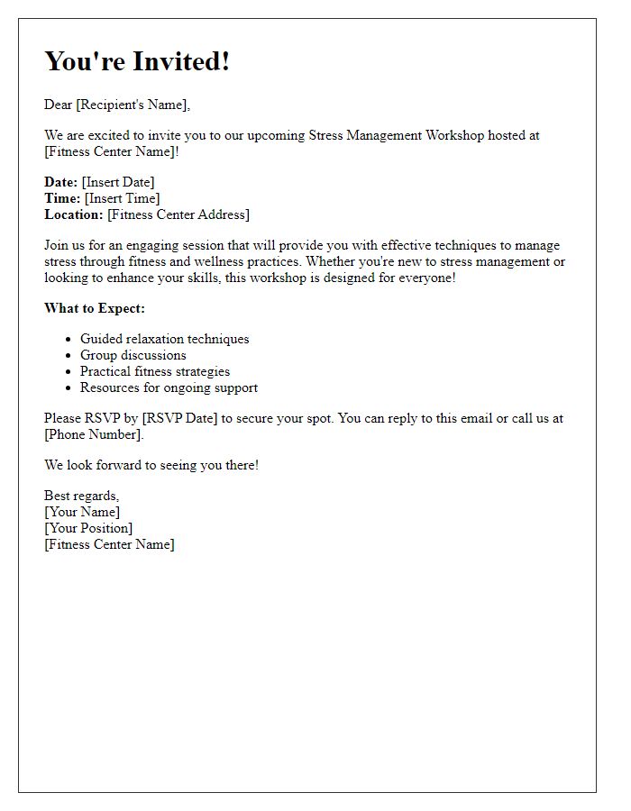 Letter template of invitation for fitness center stress management workshop