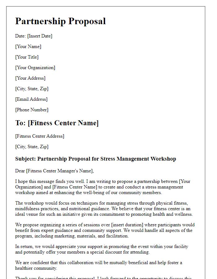 Letter template of partnership proposal for fitness center stress management workshop