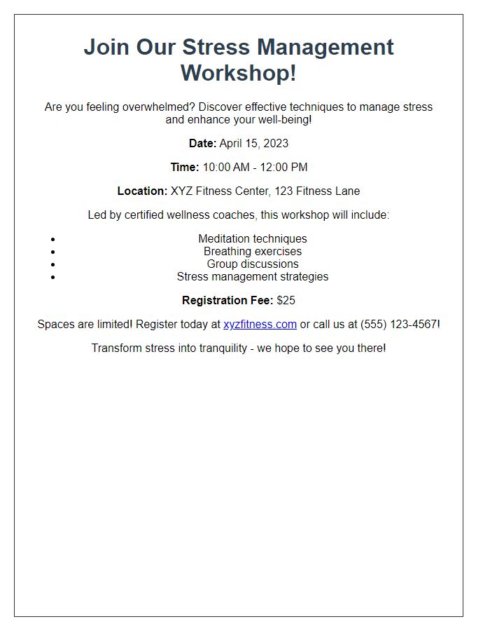 Letter template of promotional flyer for fitness center stress management workshop