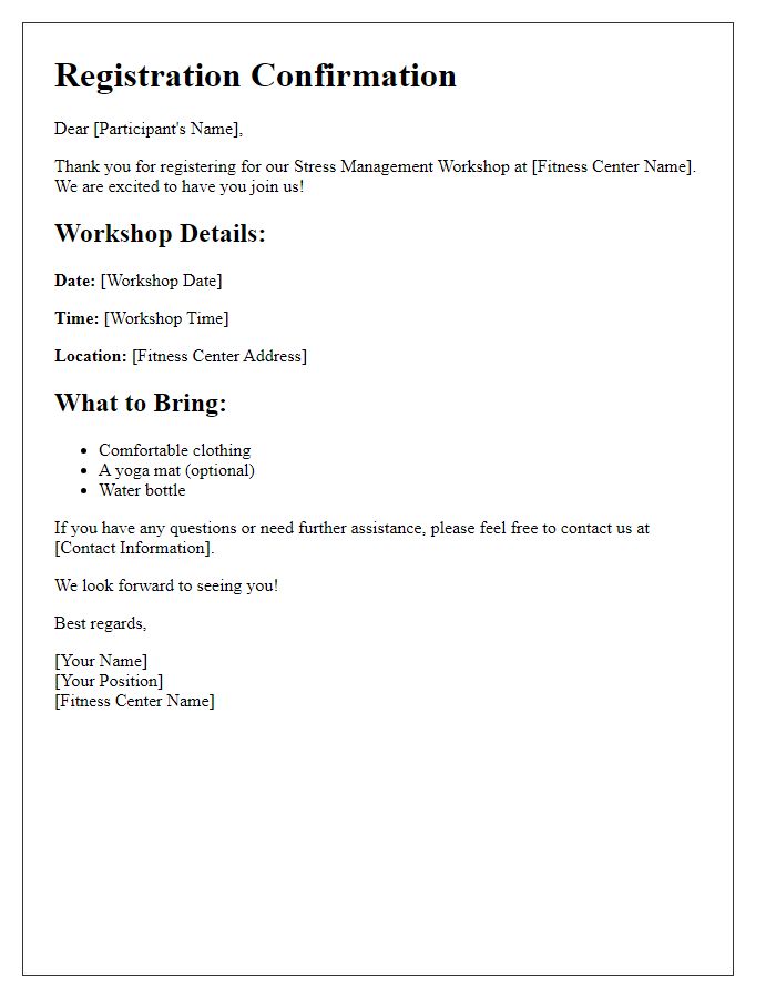 Letter template of registration confirmation for fitness center stress management workshop