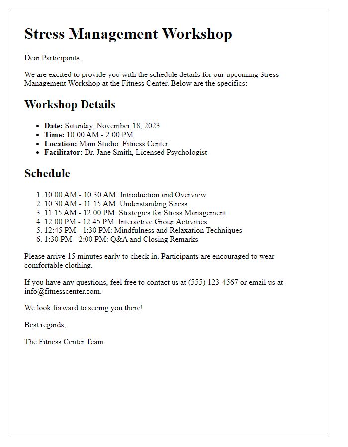 Letter template of schedule details for fitness center stress management workshop