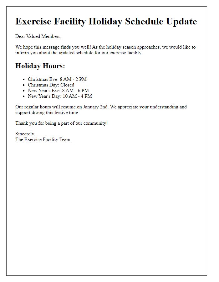 Letter template of exercise facility holiday schedule update