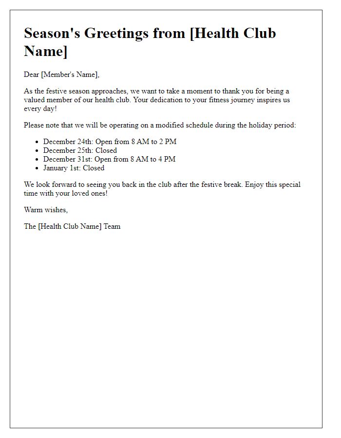 Letter template of health club festive break communication