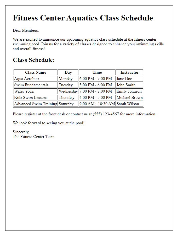 Letter template of aquatics class schedule for fitness center swimming pool.