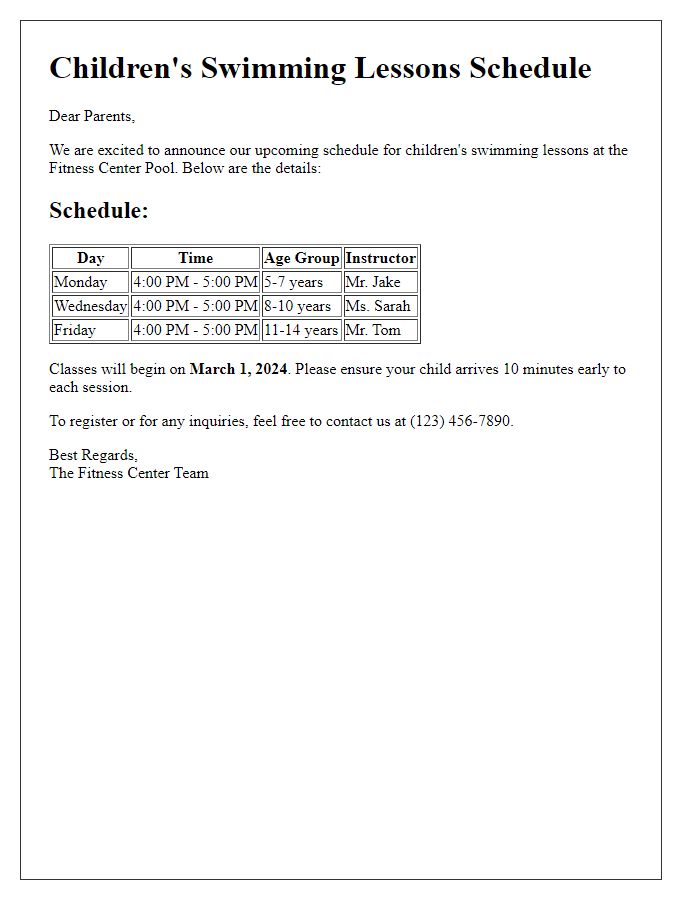 Letter template of childrens swimming lessons schedule for fitness center pool.