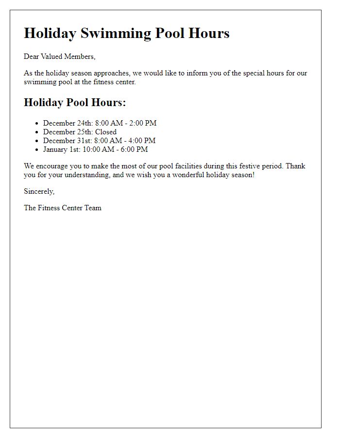 Letter template of holiday swimming pool hours for fitness center.