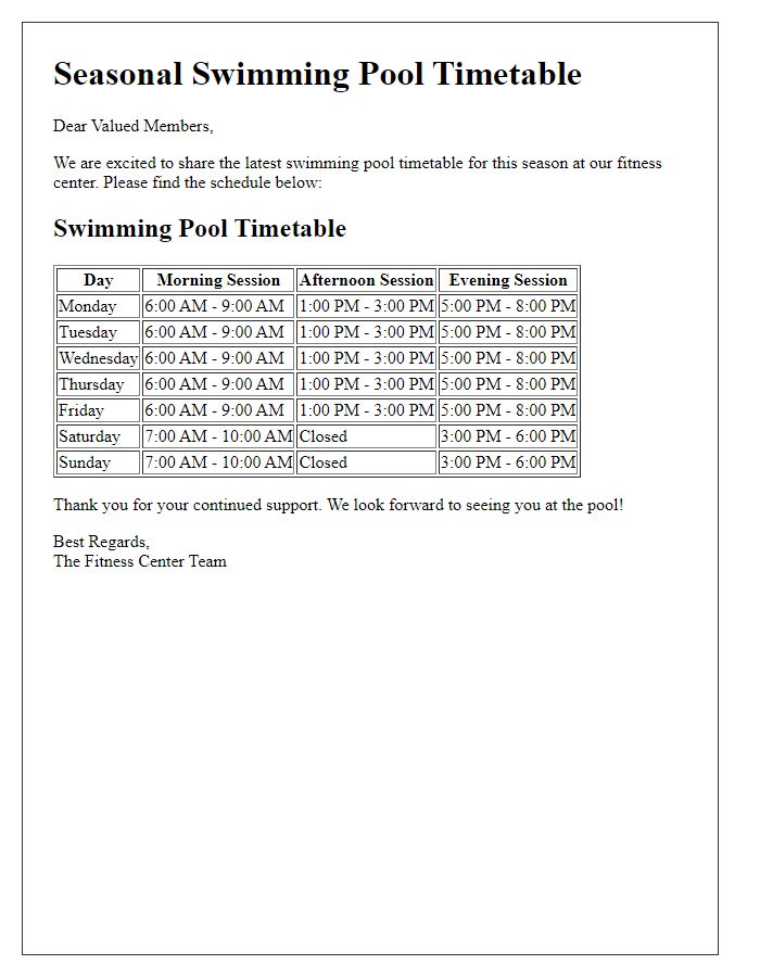 Letter template of seasonal swimming pool timetable for fitness center.