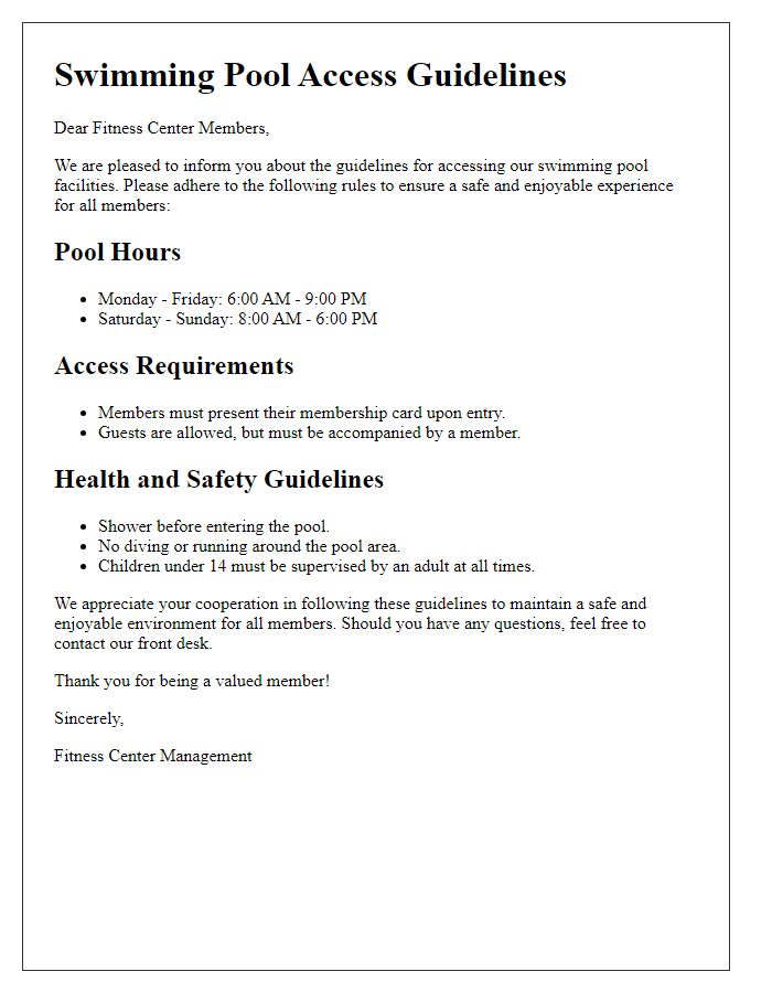 Letter template of swimming pool access guidelines for fitness center members.