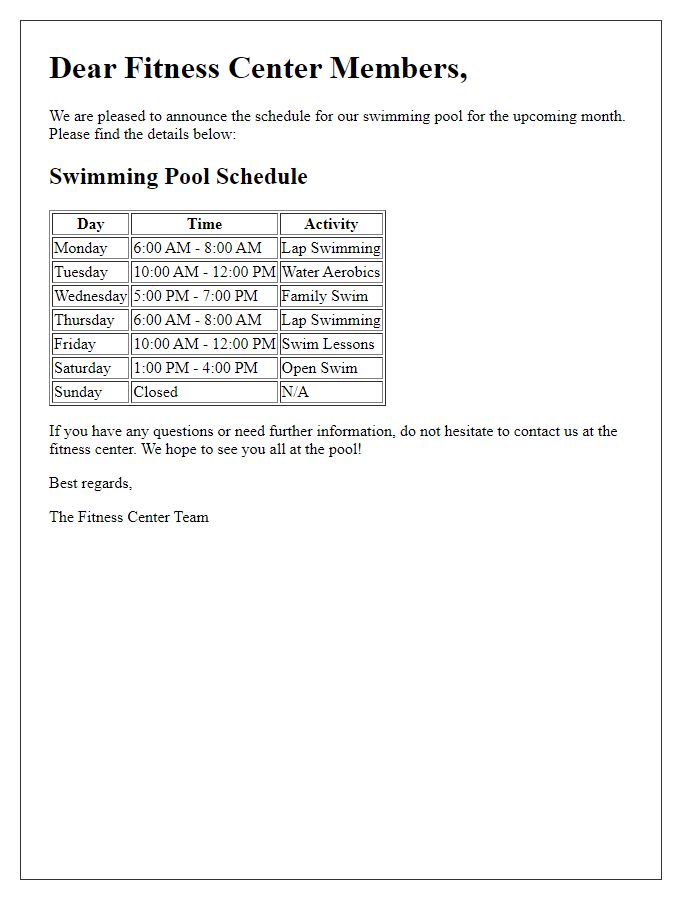 Letter template of swimming pool schedule for fitness center members.