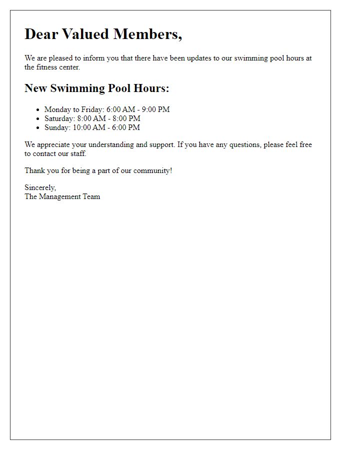 Letter template of updated swimming pool hours for fitness center.