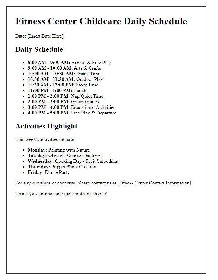 Letter template of fitness center childcare service daily schedule and activities