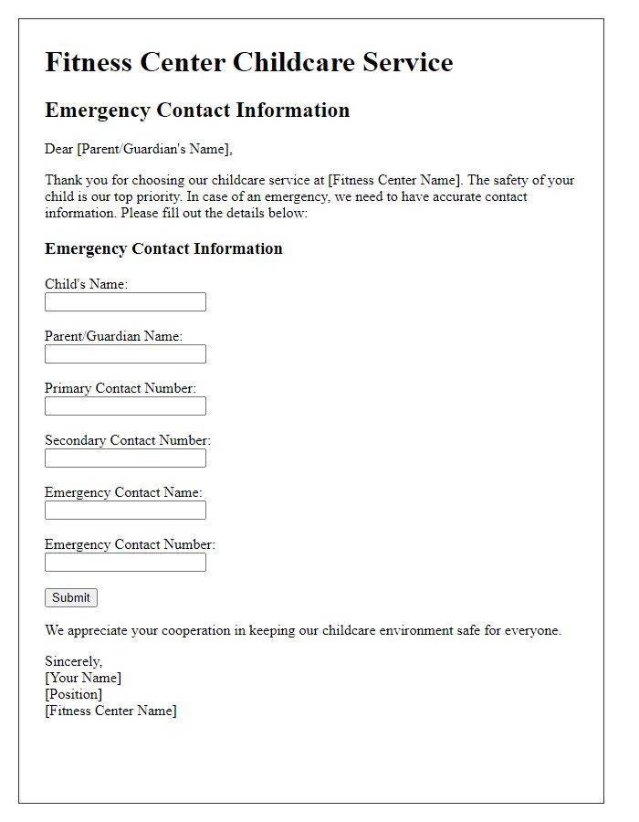 Letter template of fitness center childcare service emergency contact information