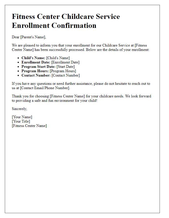 Letter template of fitness center childcare service enrollment confirmation