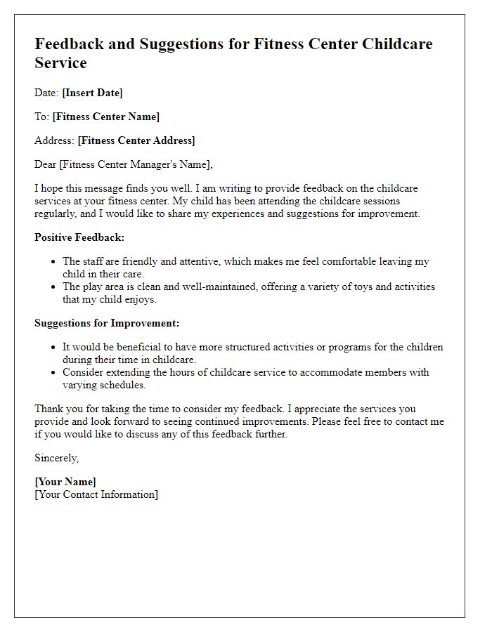 Letter template of fitness center childcare service feedback and suggestions