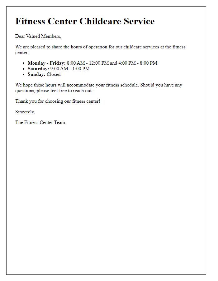 Letter template of fitness center childcare service hours of operation