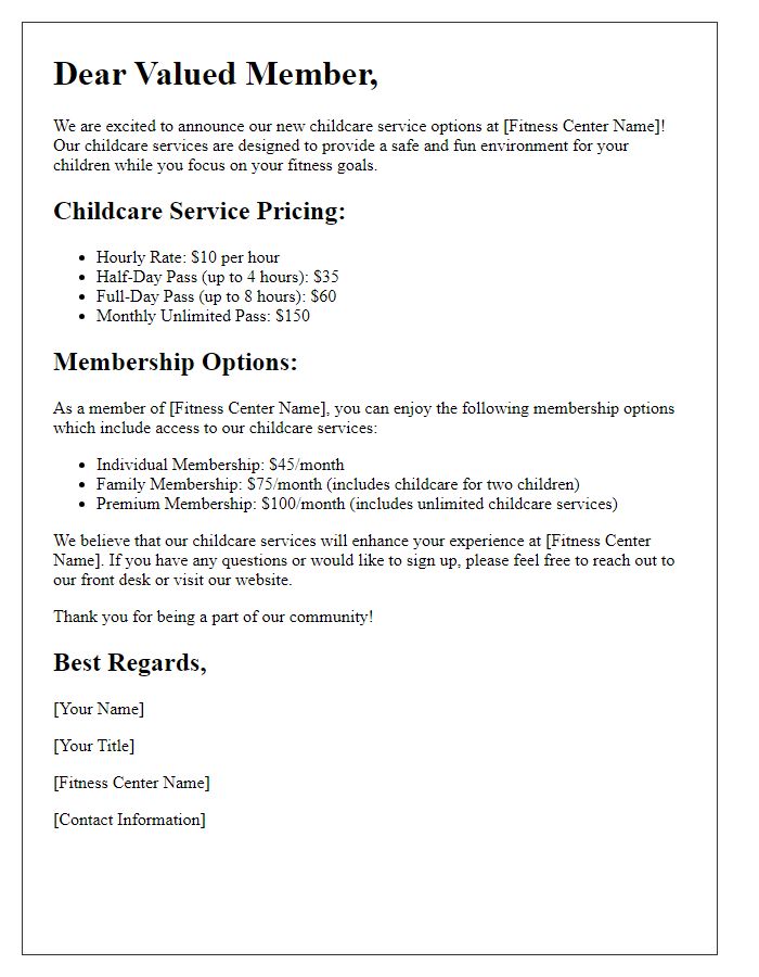 Letter template of fitness center childcare service pricing and membership options