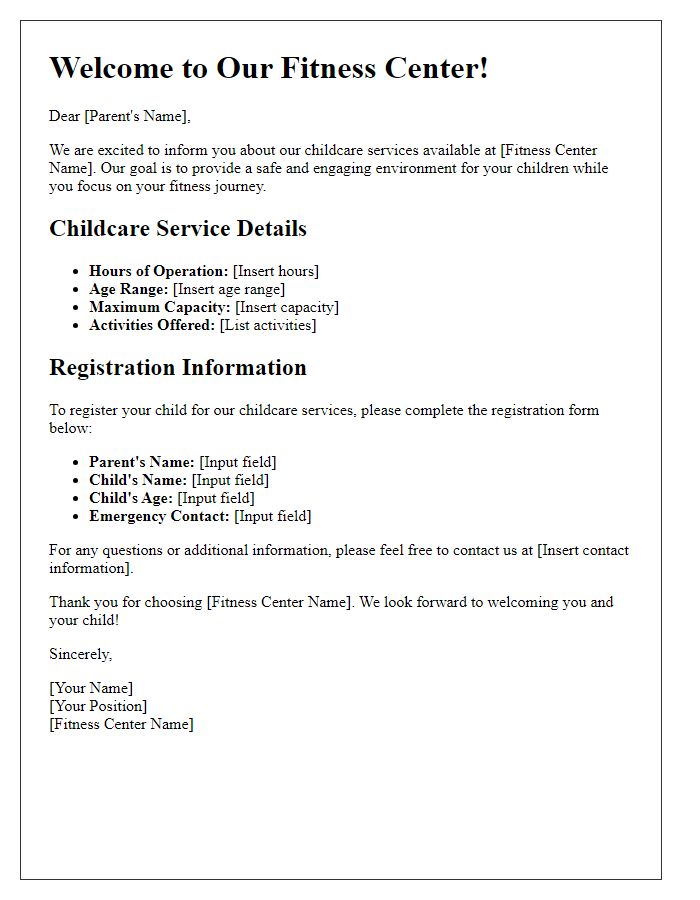 Letter template of fitness center childcare service registration information