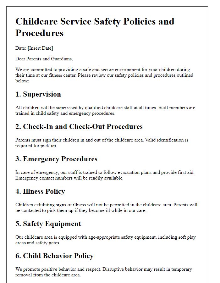 Letter template of fitness center childcare service safety policies and procedures