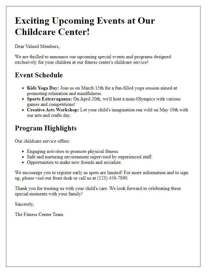 Letter template of fitness center childcare service special events and programs