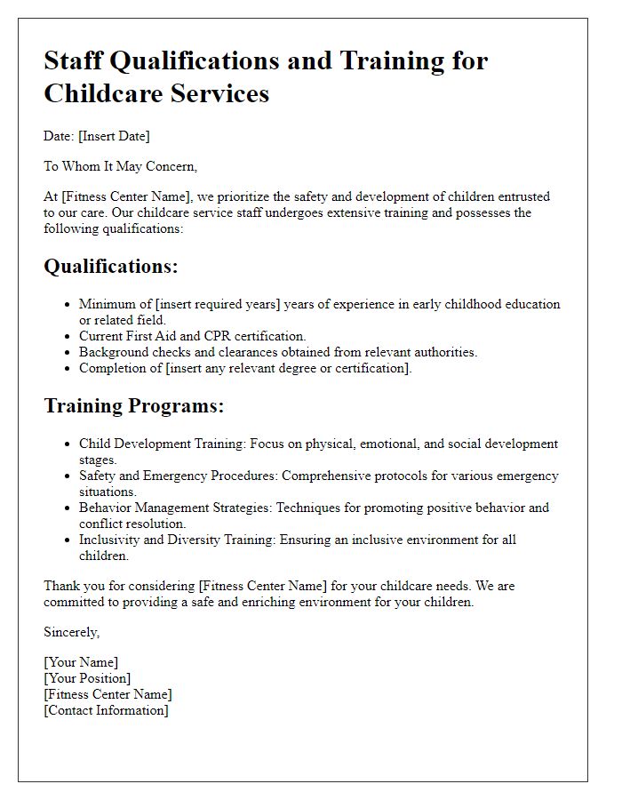 Letter template of fitness center childcare service staff qualifications and training