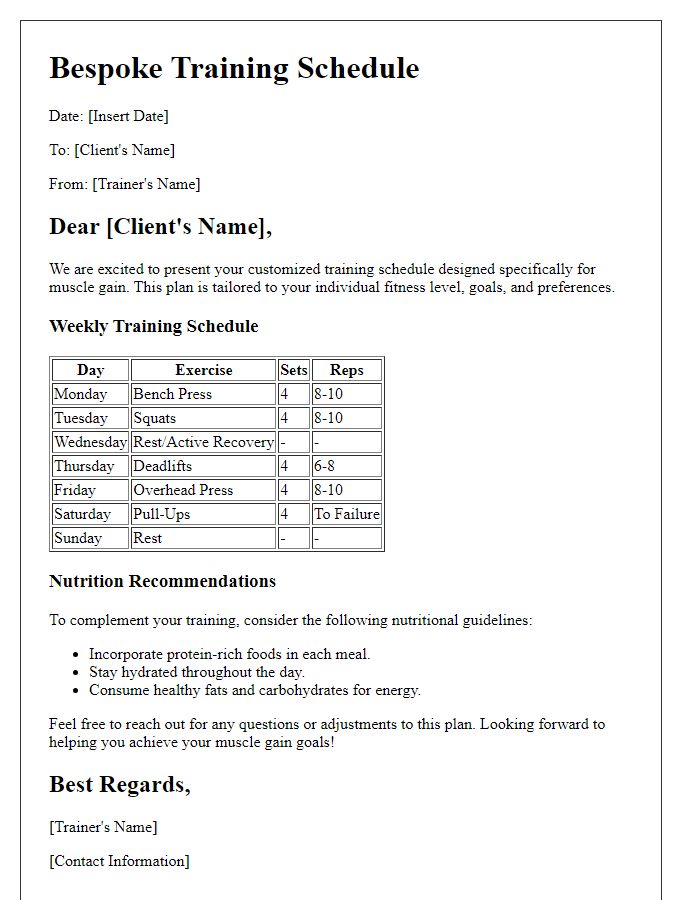 Letter template of bespoke training schedule for muscle gain.