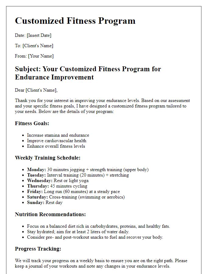 Letter template of customized fitness program for endurance improvement.