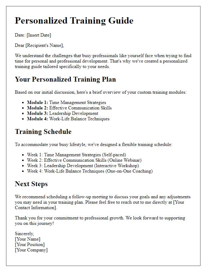 Letter template of personalized training guide for busy professionals.