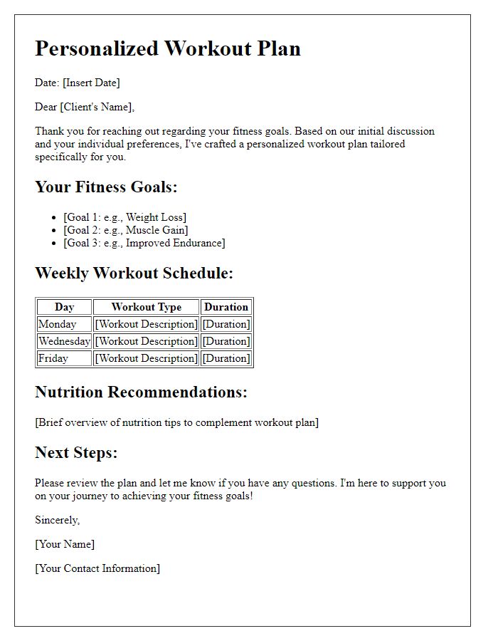 Letter template of personalized workout plan for individual fitness goals.