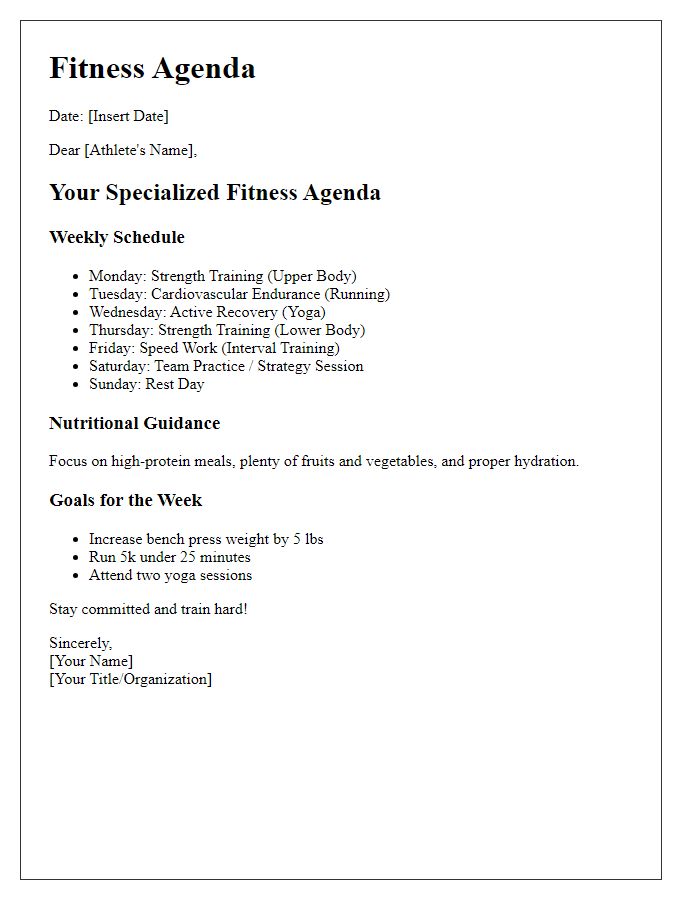 Letter template of specialized fitness agenda for athletes.