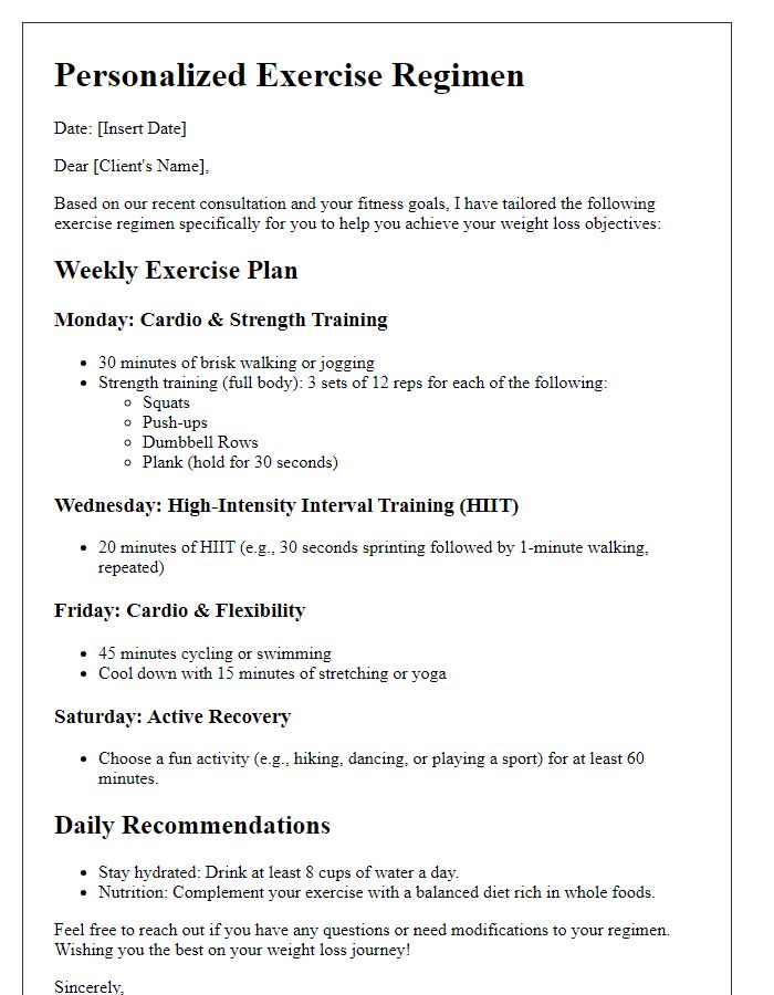 Letter template of tailored exercise regimen for weight loss.