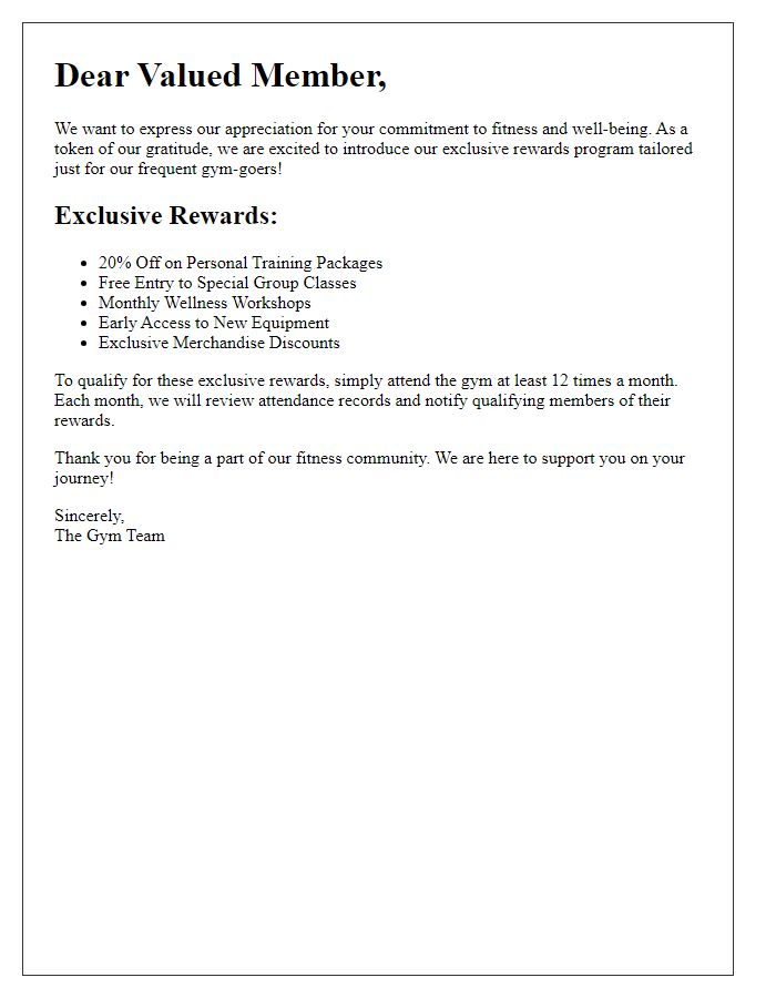 Letter template of exclusive rewards for frequent gym-goers