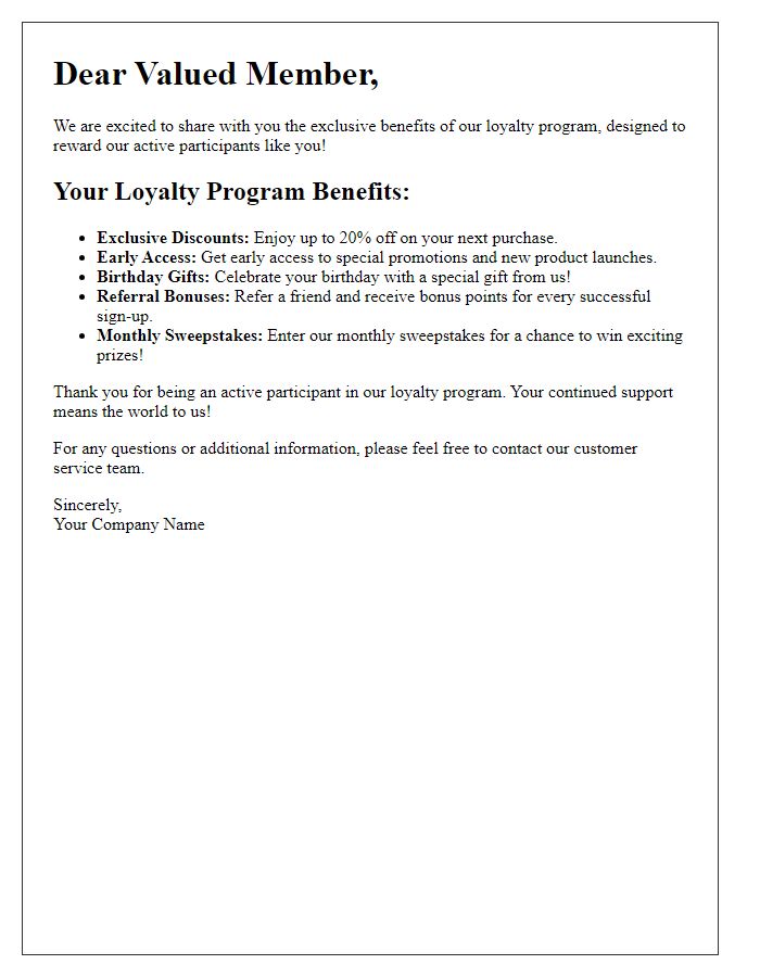 Letter template of loyalty program benefits for active participants