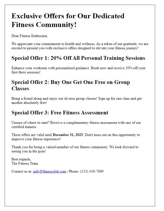 Letter template of special offers for dedicated fitness enthusiasts