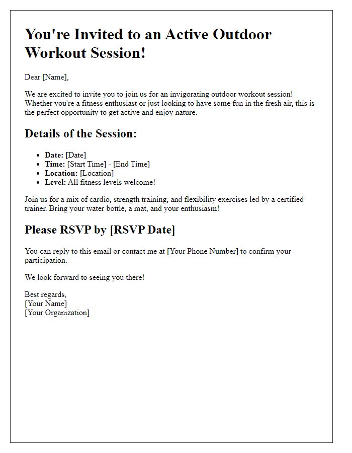 Letter template of active outdoor workout session invitation