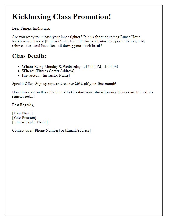 Letter template of fitness center lunch hour kickboxing class promotion.