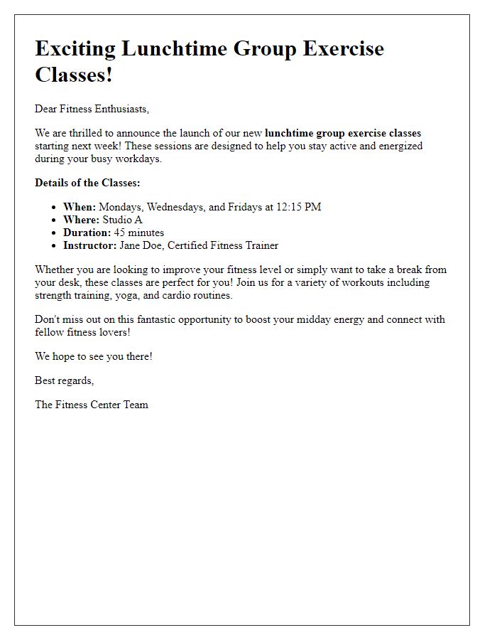 Letter template of fitness center lunchtime group exercise announcement.