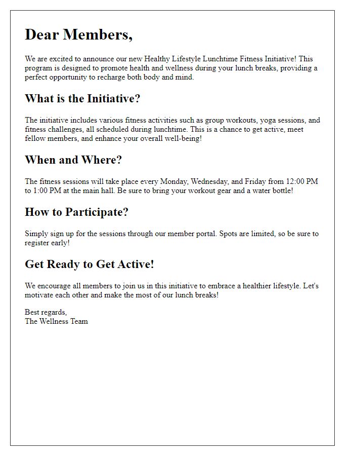 Letter template of healthy lifestyle lunchtime fitness initiative for members.