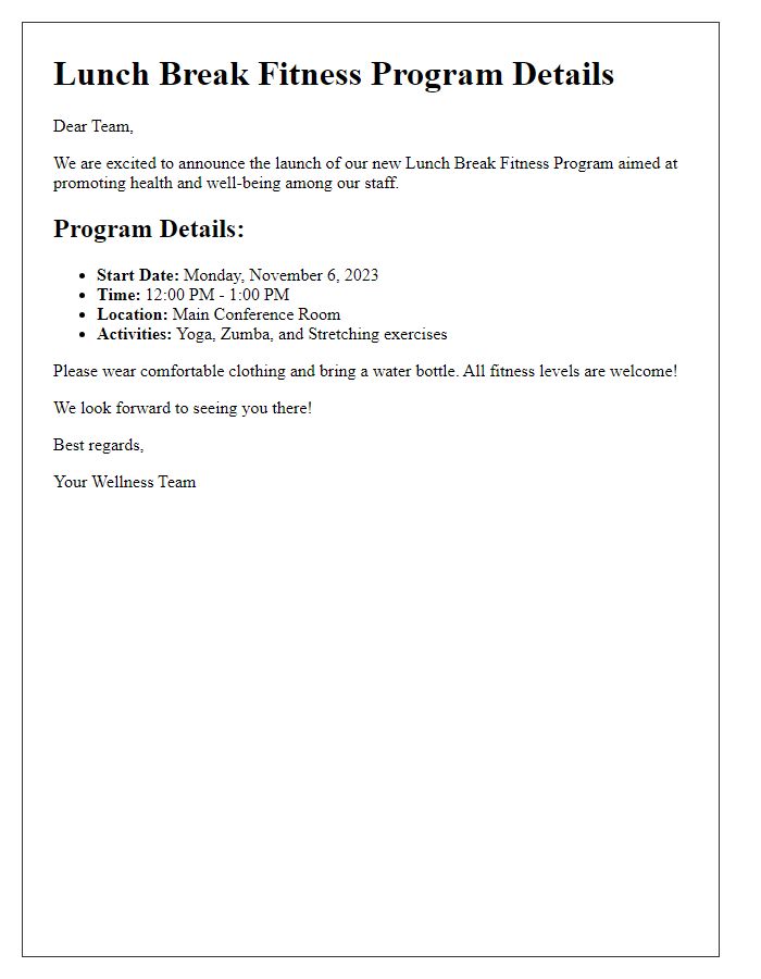 Letter template of lunch break fitness program details for staff.