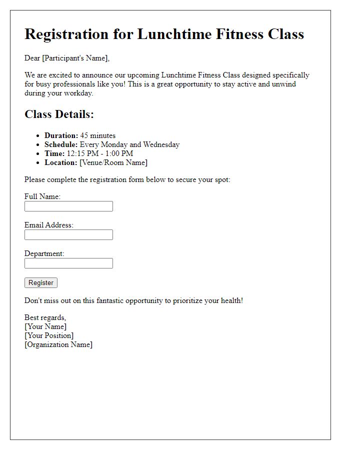 Letter template of lunchtime fitness class registration for busy professionals.