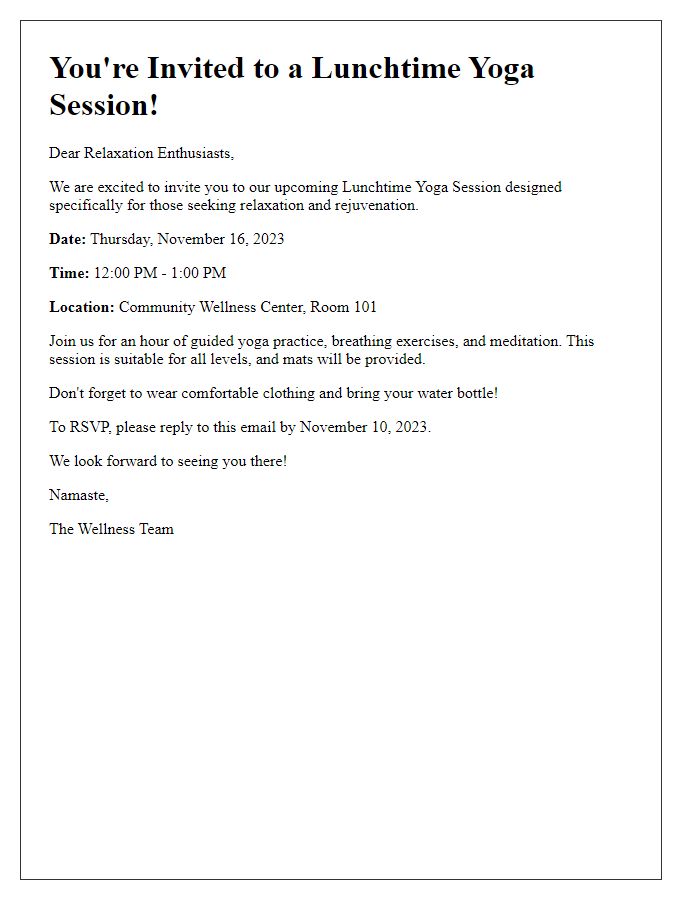 Letter template of lunchtime yoga session invitation for relaxation enthusiasts.